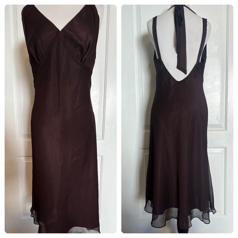 MARIA BONITA Boutique Midi V Neck Chiffon Slip Dress Brown NEW Halter Tie Back L